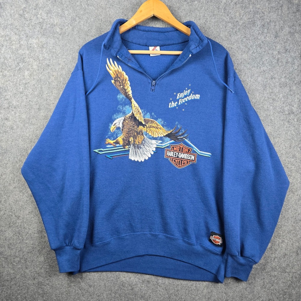 Harley Davidson 1/4 Zip Pullover Mens XL (Fits L) Blue Eagle Alaska Freedom 90s